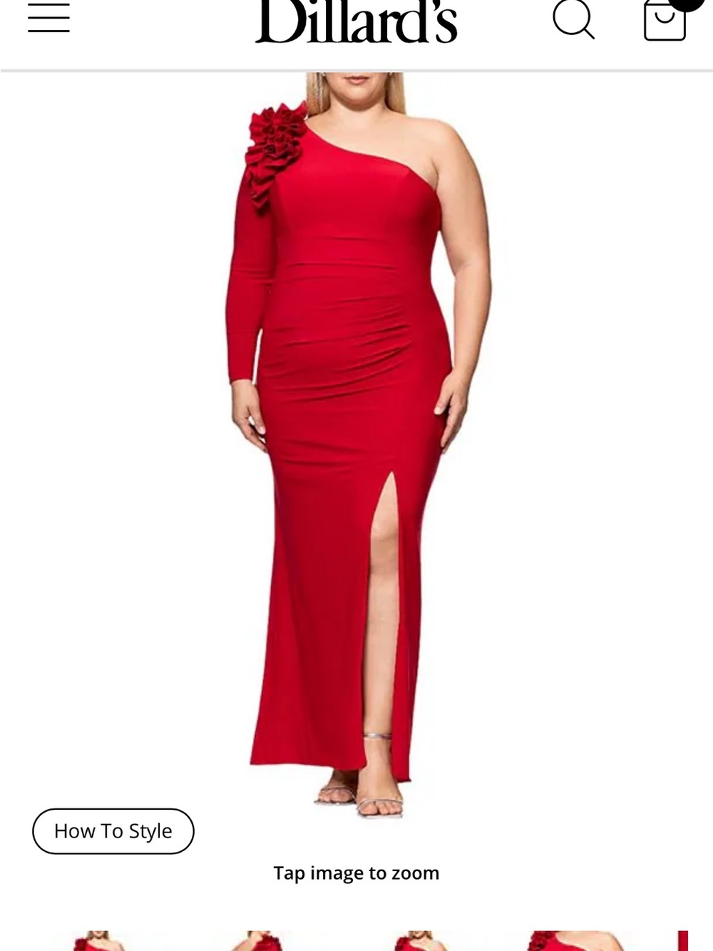 Xscape One-Shoulder Red Evening Gown with Floral Shoulder